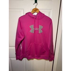 Under Armour Women's XL Pink Fleece Pullover Hoodie Gray Logo Pocket